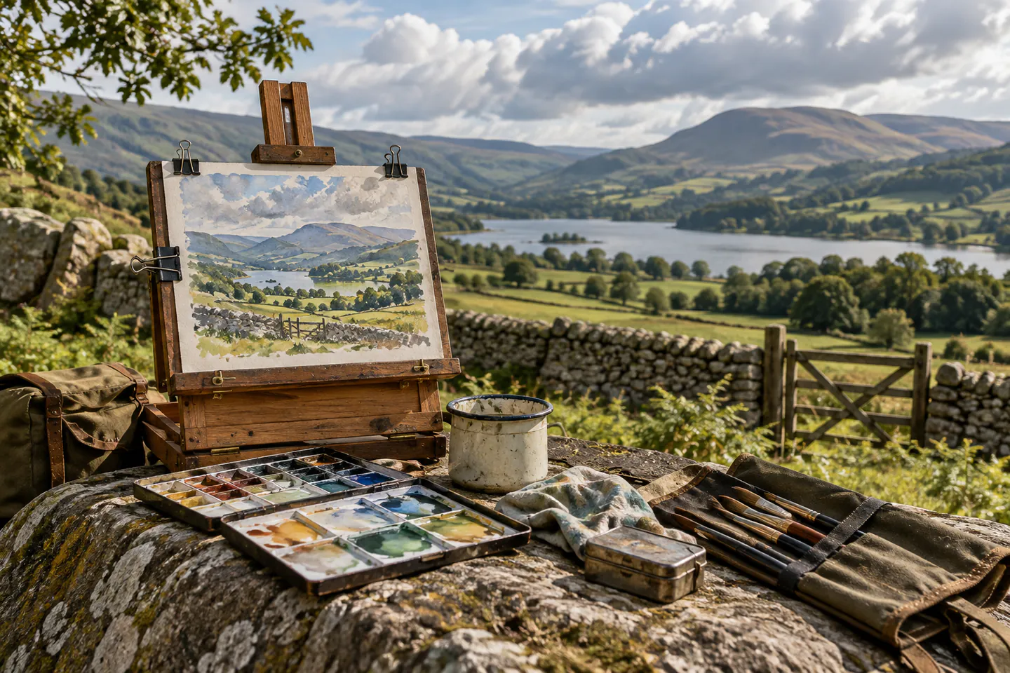 A carefully arranged beginner plein-air painting workspace showing the core materials, tools and one small finished example