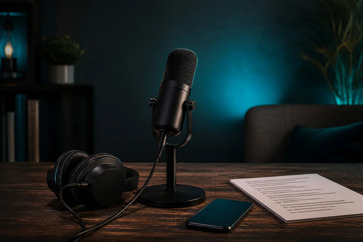 A compact microphone, closed-back headphones and a phone beside a simple handwritten episode outline in a softly treated room, no people, text or logos