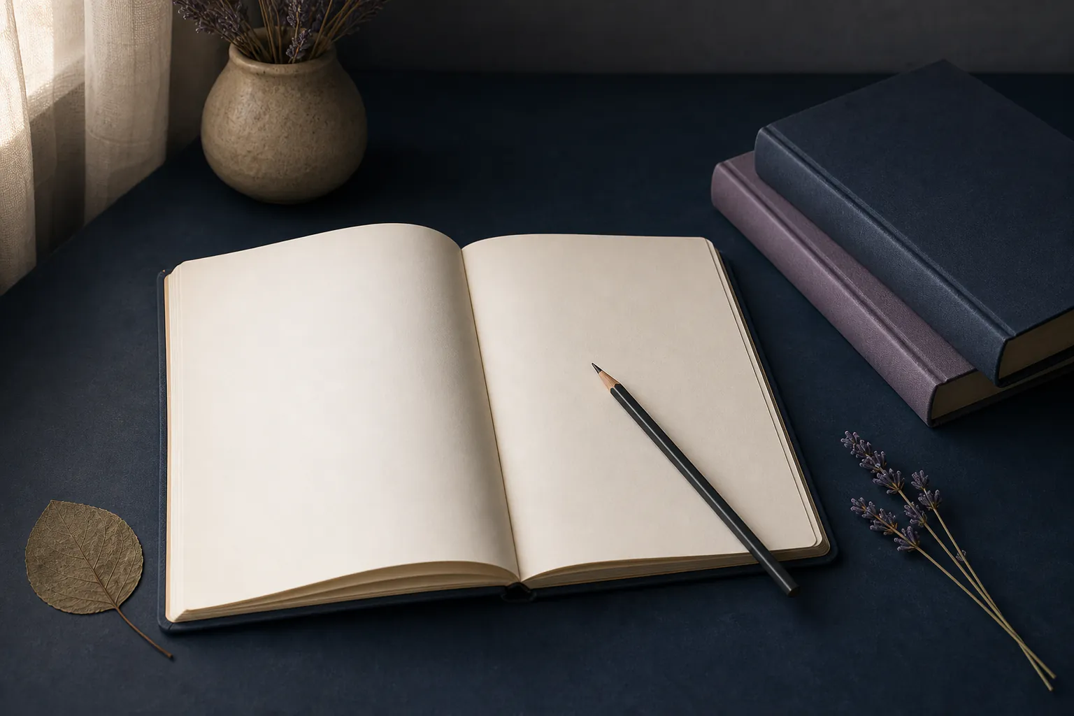 Open notebook with handwritten lines turned away from view, pencil, fallen leaf and a small stack of poetry books