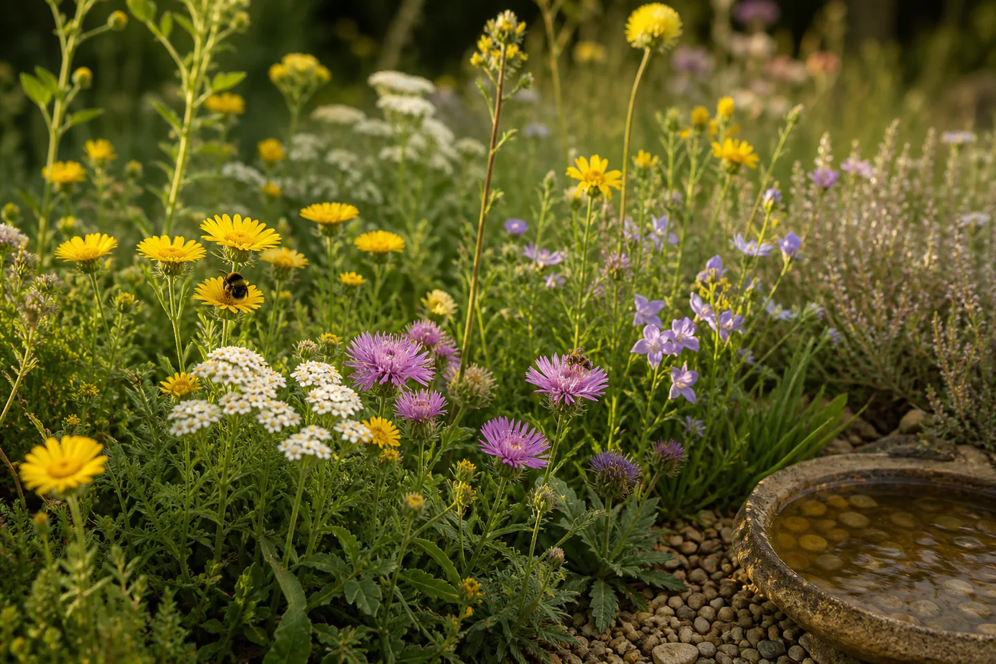 A mixed patch of native UK wildflowers with a bumblebee and hoverfly visiting open blooms beside a shallow pebble water dish, no people, text or logos