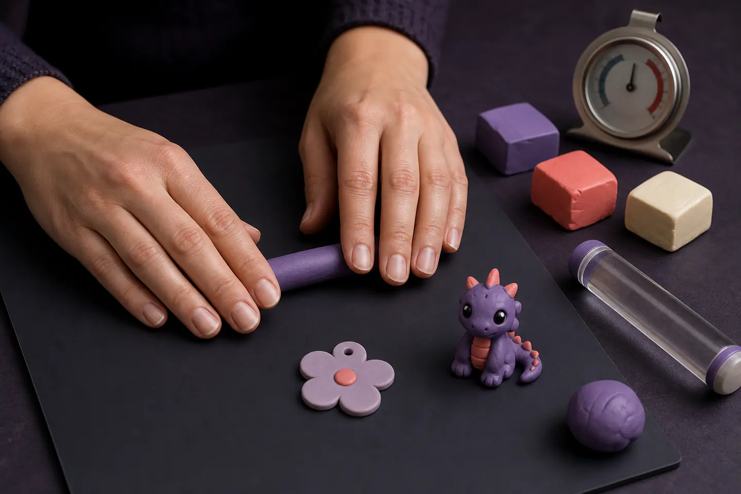 Hands conditioning colourful polymer clay beside a simple charm, acrylic roller and oven thermometer