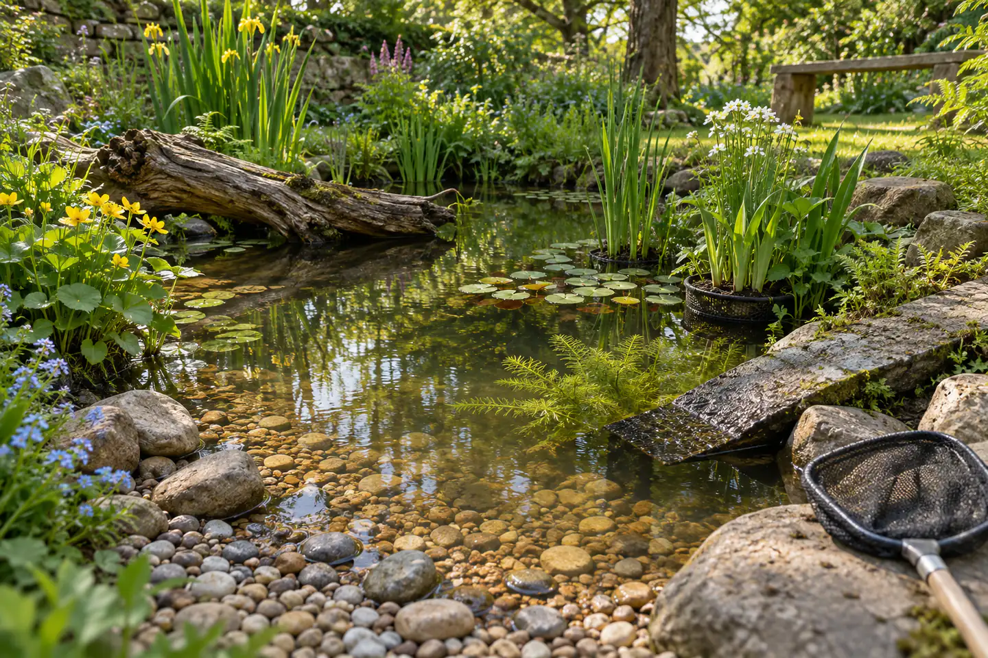 A carefully arranged beginner pond gardening workspace showing the core materials, tools and one small finished example