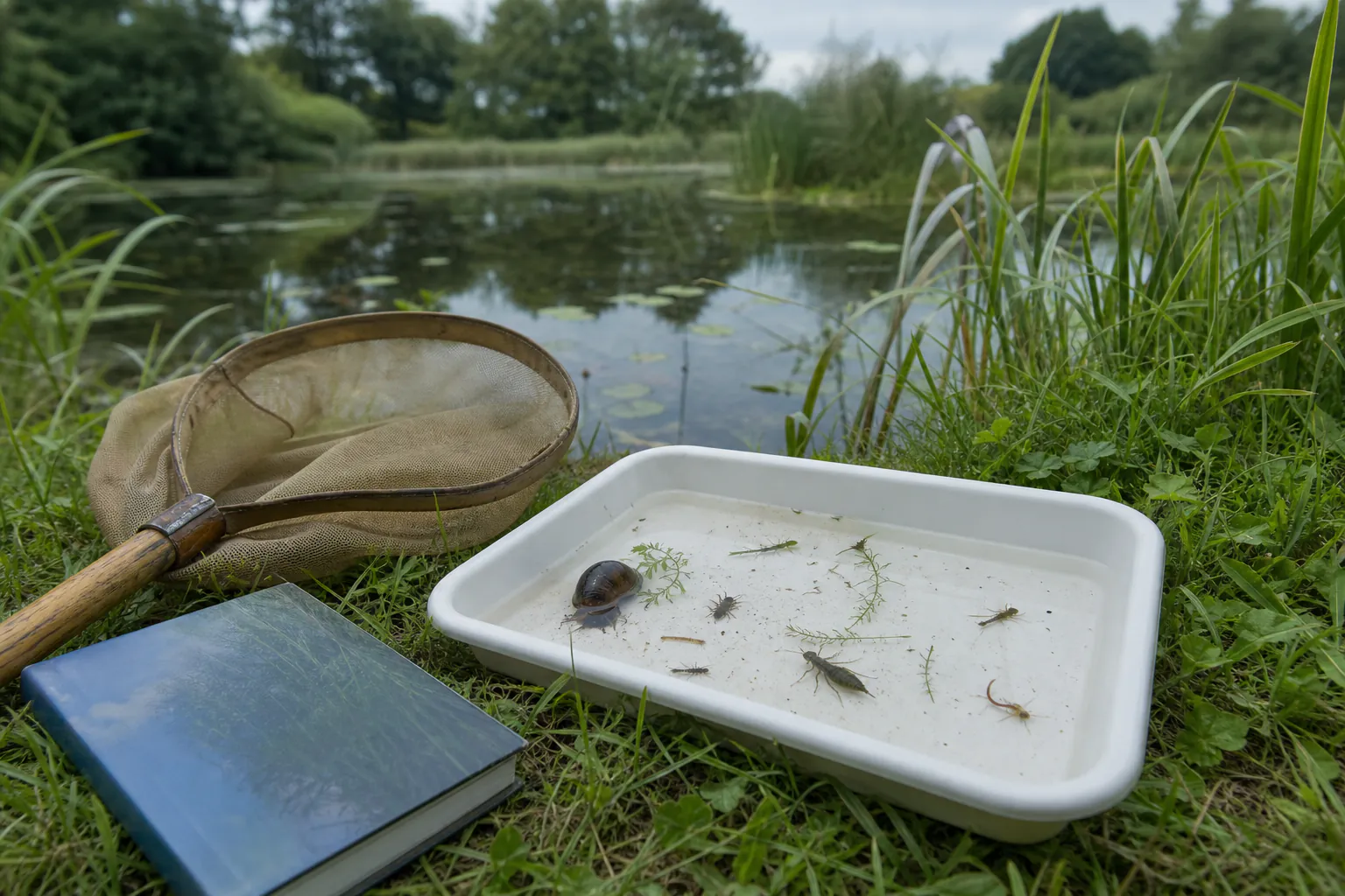 White pond-dipping tray with clean pond water, a few aquatic invertebrates, soft net and identification guide at a grassy edge