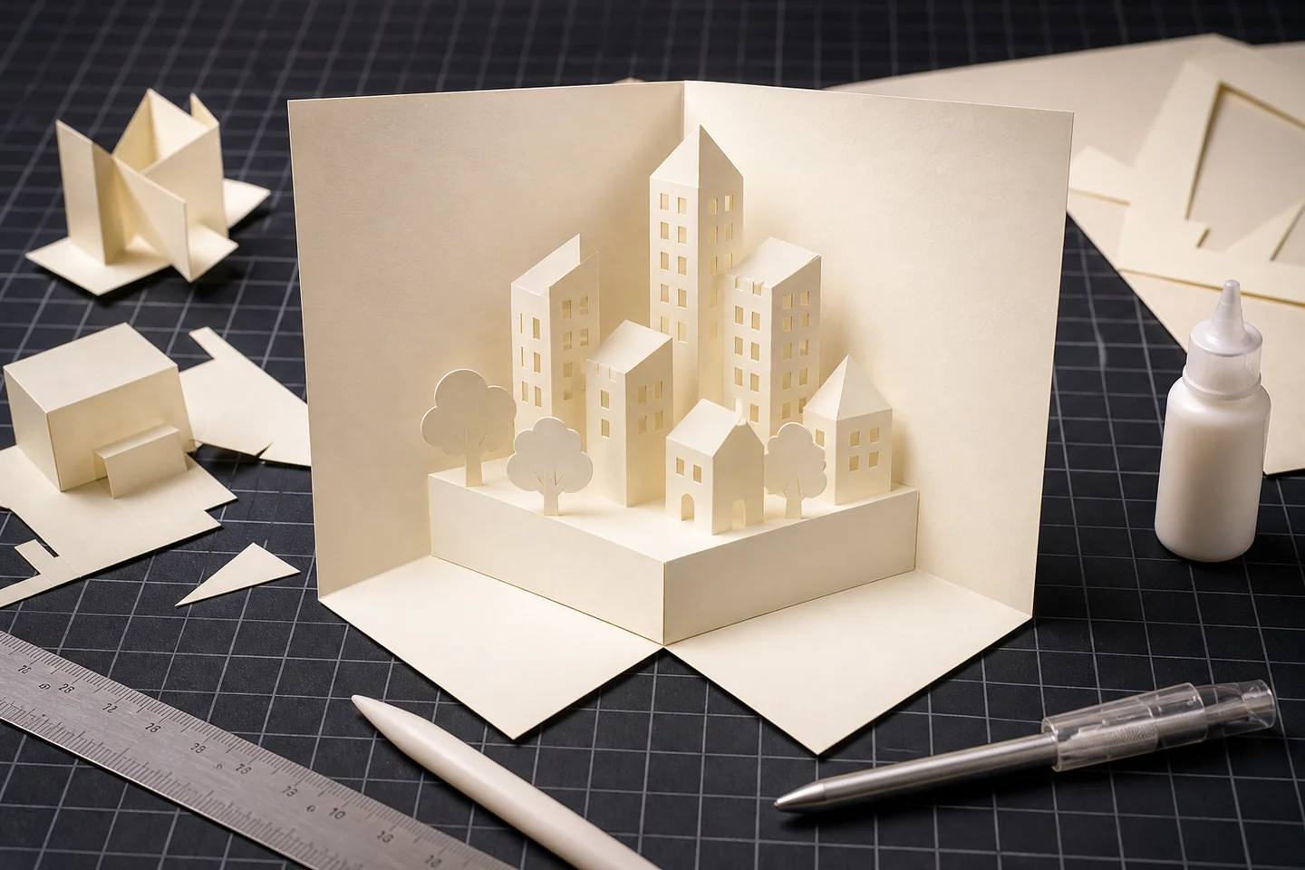 An open handmade pop-up card showing a simple paper city rising from box and V-fold mechanisms beside a scoring tool, ruler and craft knife, no hands, logos or text