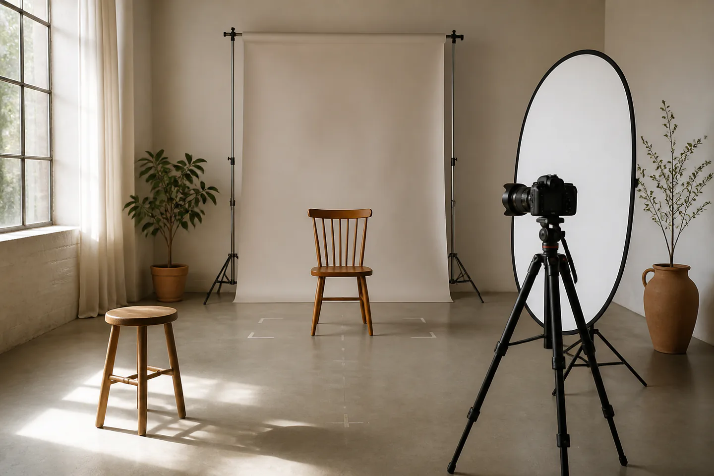 Camera on tripod facing an empty chair beside a large window, white reflector and plain neutral portrait backdrop