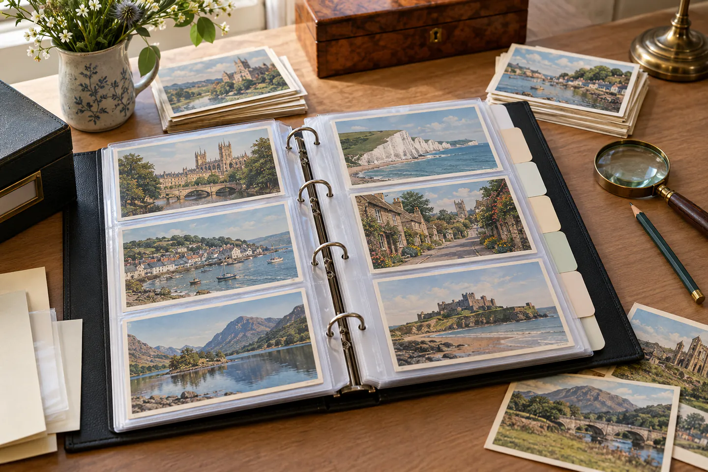 A carefully arranged beginner postcard collecting workspace showing the core materials, tools and one small finished example