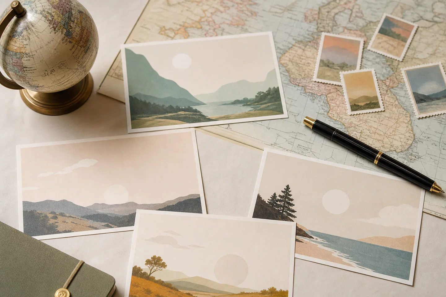 Selection of blank illustrated postcards beside stamps, smooth pen and a world map with no readable addresses