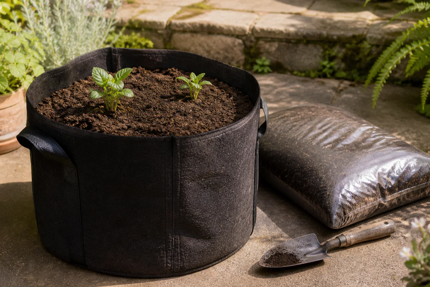 Two healthy potato shoots emerging from compost in a large fabric grow bag on a sunny patio