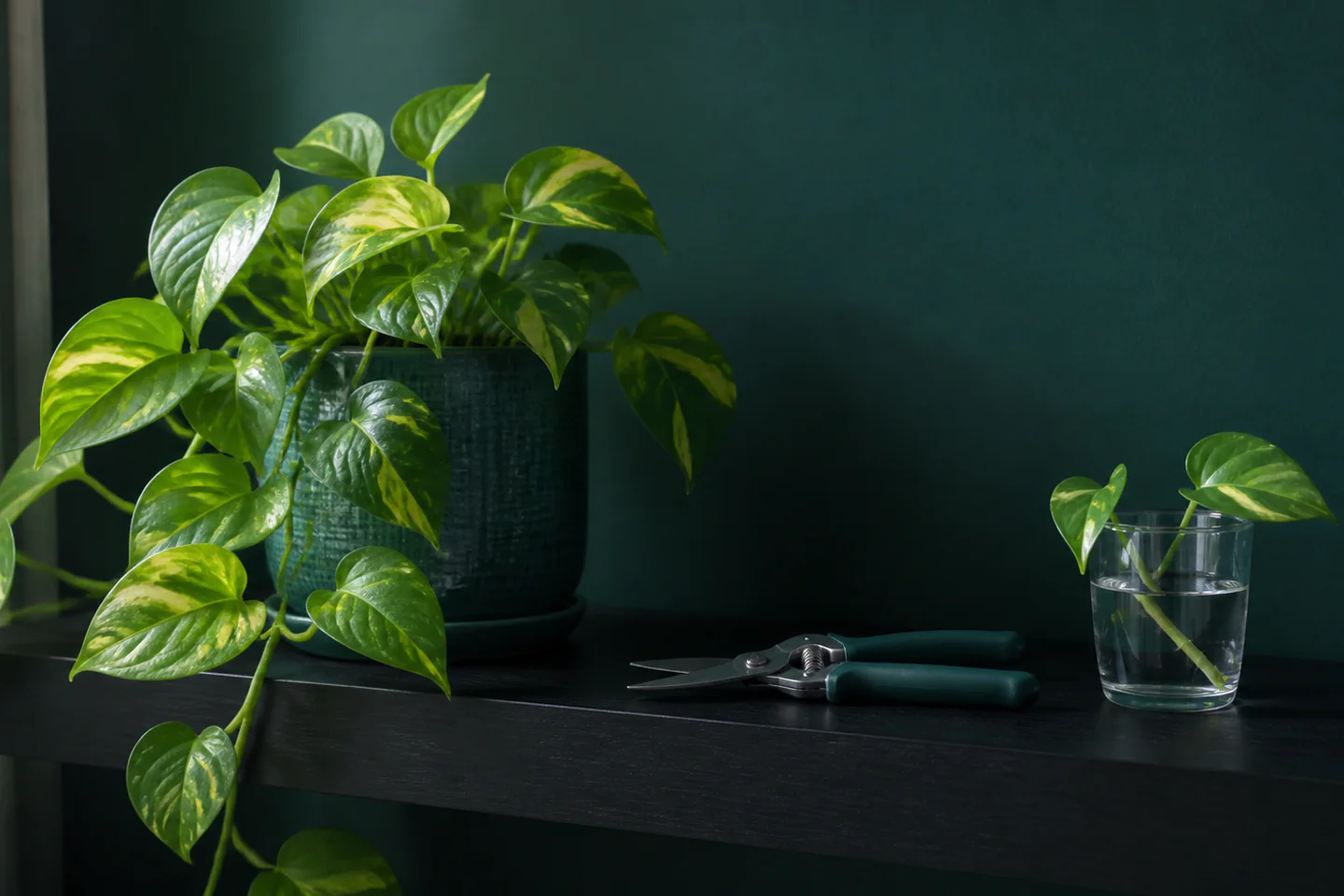Trailing golden pothos beside closed pruning snips and a small propagation glass on a dark shelf