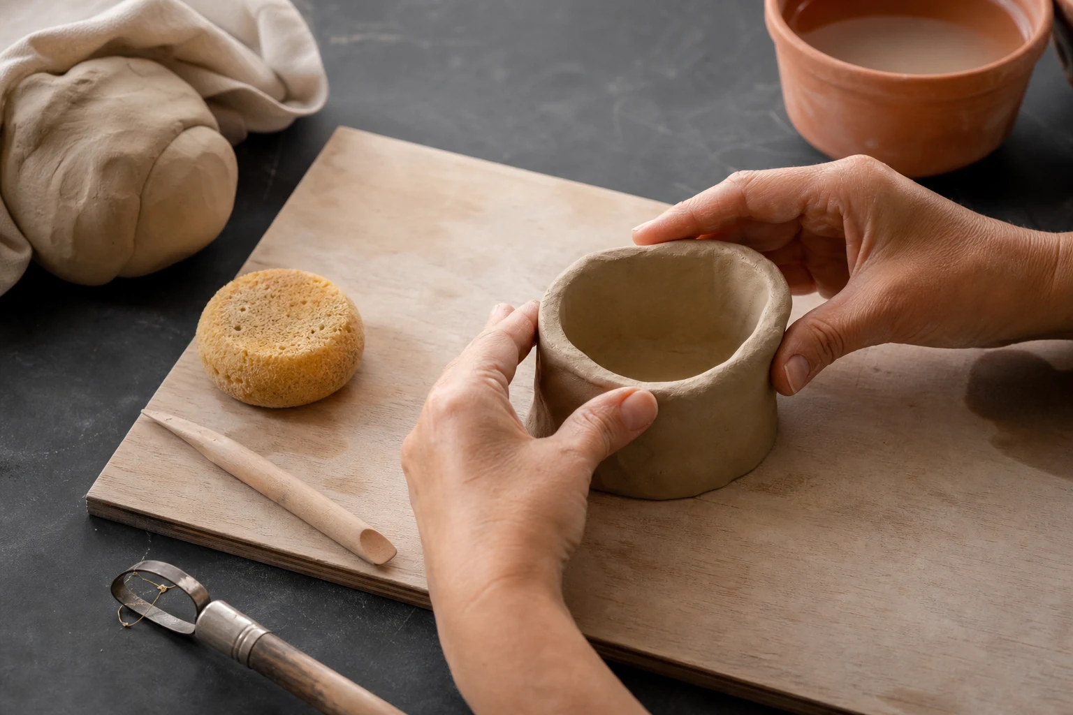 Hands shaping a small buff-clay pinch pot on a plywood board with a sponge and simple pottery tools
