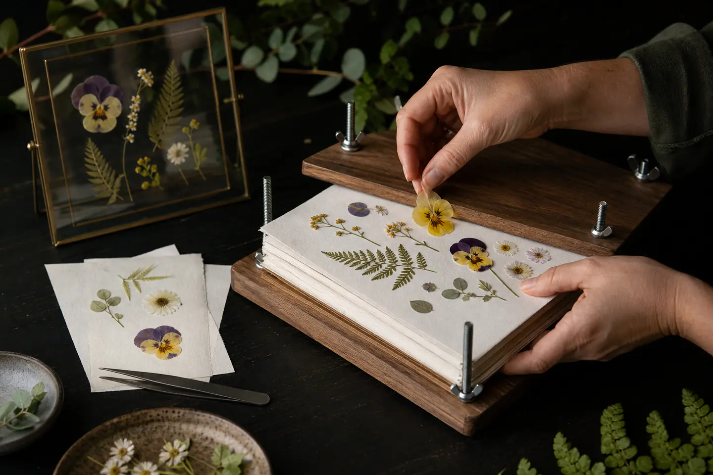 Thin flowers arranged between absorbent sheets in an open wooden flower press beside a small finished floating frame