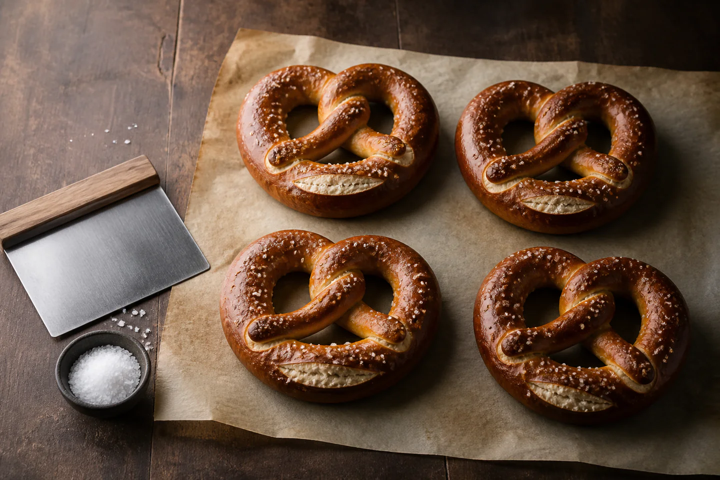 Four glossy baked soft pretzels on parchment beside a dough scraper and small bowl of coarse salt, no people, text or logos