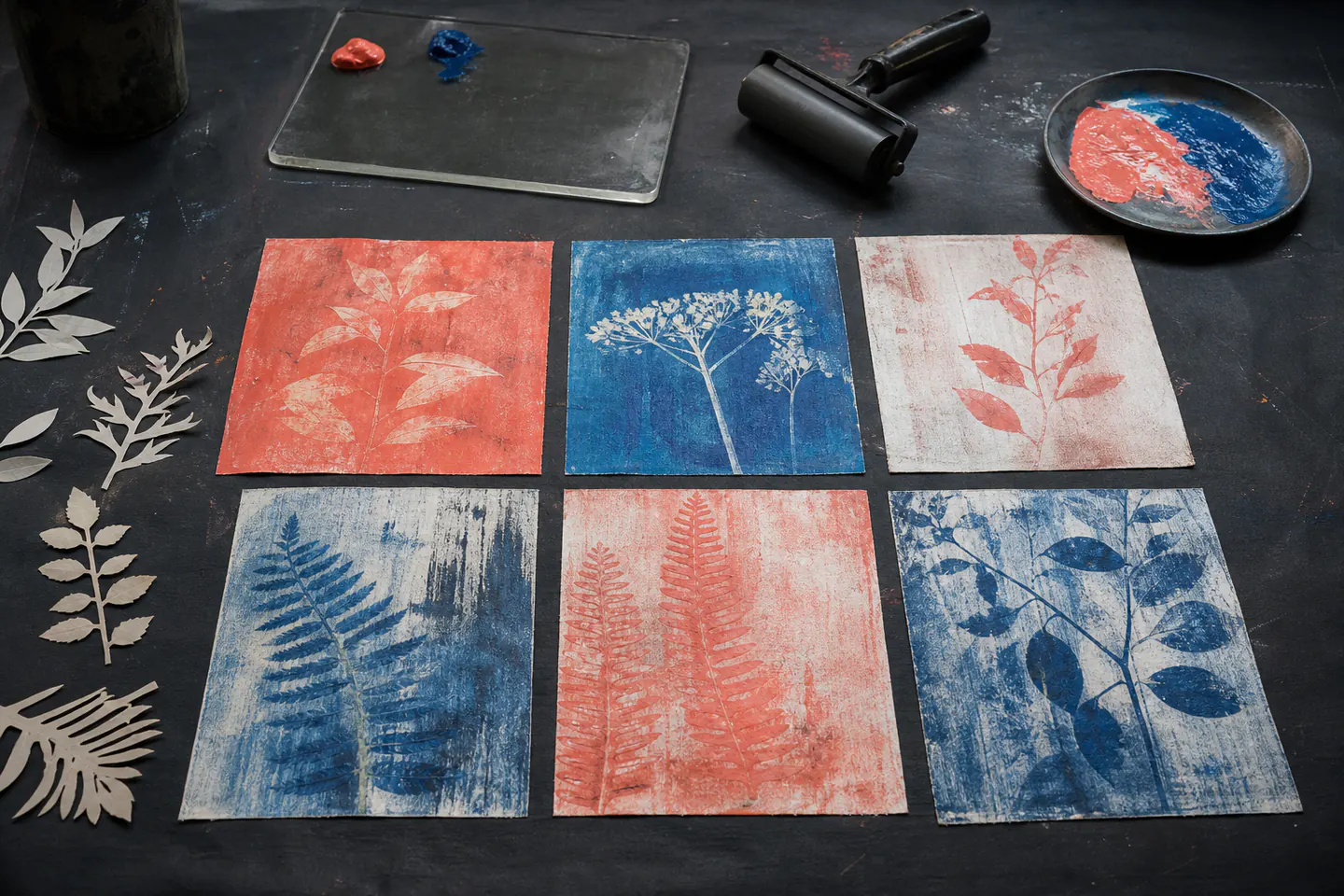 Small gel printing plate with brayer, limited acrylic colours, paper masks and several botanical monoprints drying on a dark worktable with no people, logos or text