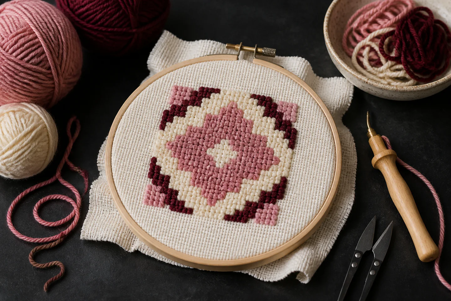 A punch needle entering taut neutral foundation cloth in a hoop beside chunky coral and cream yarn loops on a dark table