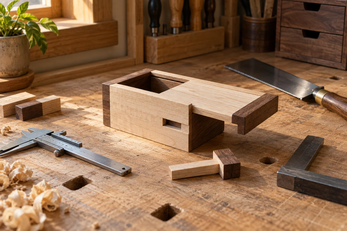 A carefully arranged beginner puzzle box making workspace showing the core materials, tools and one small finished example