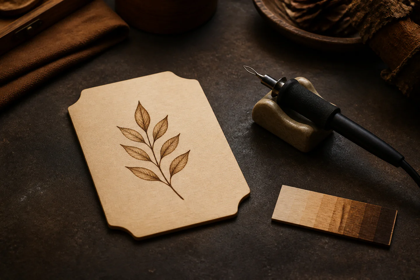 A small unfinished basswood plaque with a simple burned leaf motif beside a cooled woodburning pen on a ceramic rest, photographed without people, text or logos