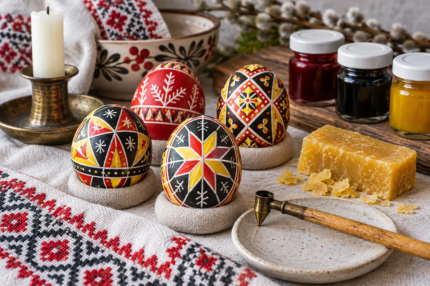 Several decorated eggs with Ukrainian wax-resist motifs beside an unlit brass kistka, beeswax, blank dye jars and a candle holder