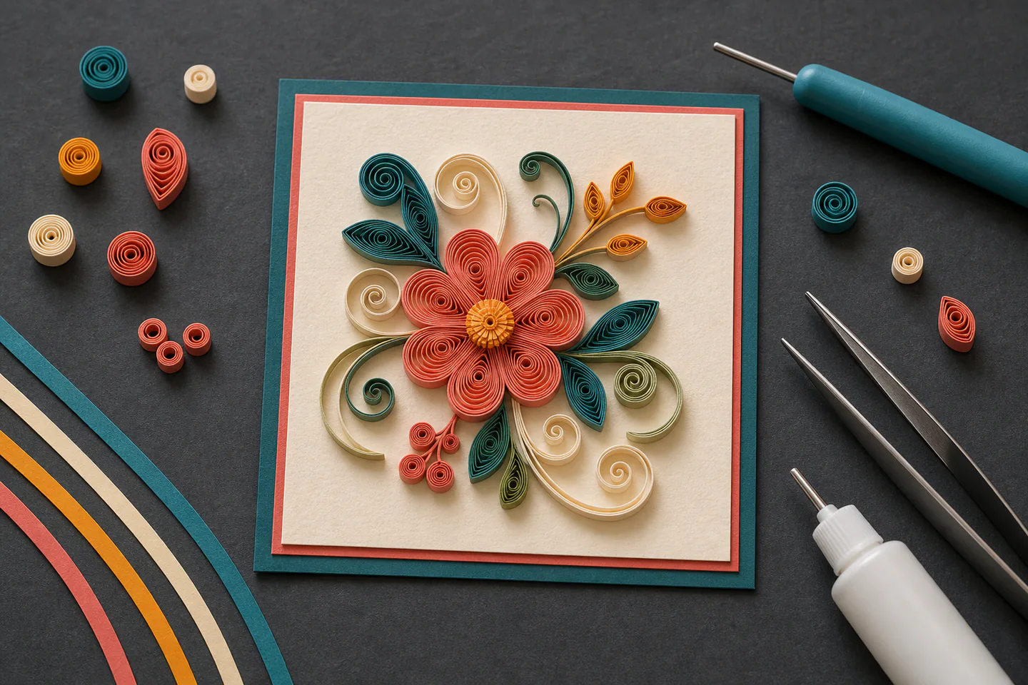 Colourful paper quilling coils, a slotted tool, fine tweezers and a simple flower card on a pale work surface