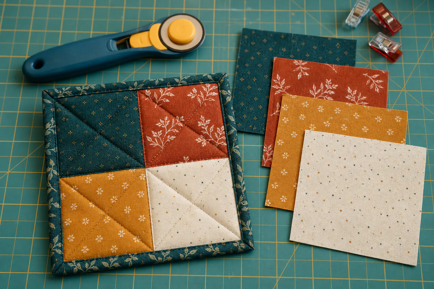 A small four-patch quilted table mat with cotton fabric squares, thread, clips, a rotary cutter and cutting mat