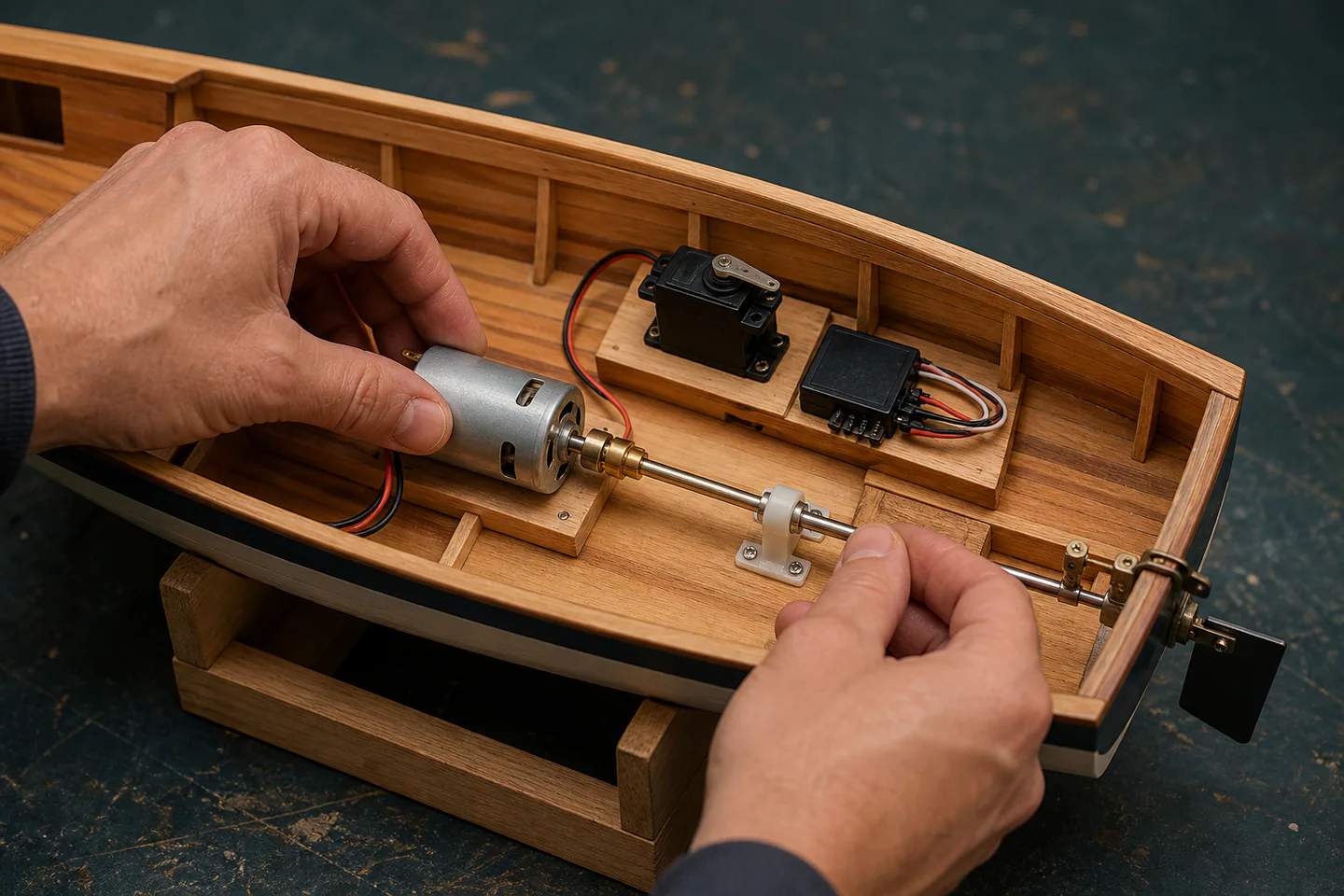 Hands installing a small electric motor and propeller shaft inside an open radio-controlled model boat hull on a dry workshop stand