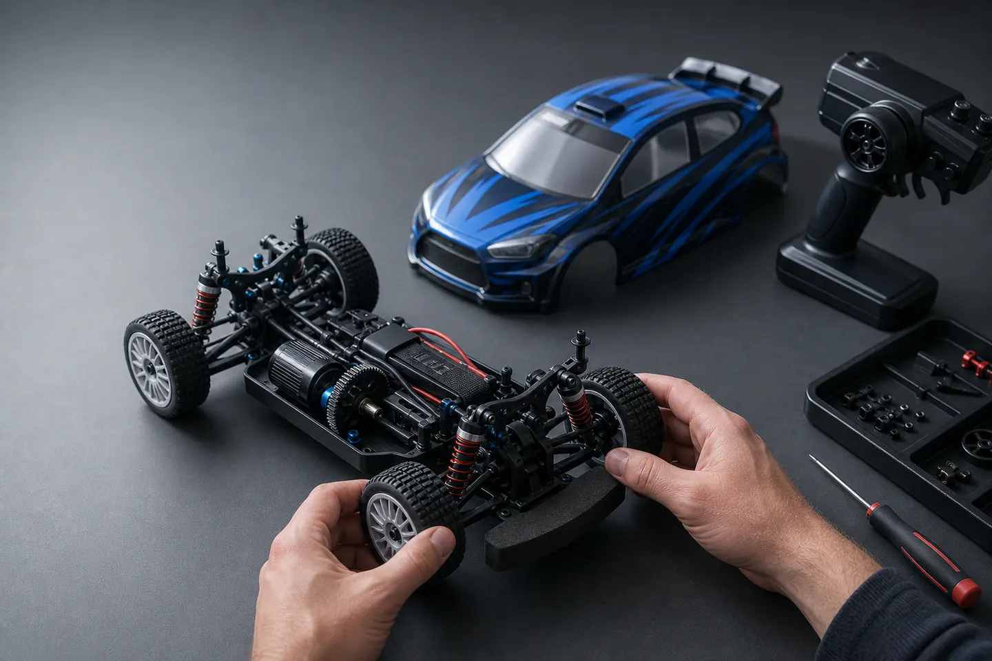 Two hands assembling an unbranded blue rally-style radio-controlled car chassis on a clean hobby bench