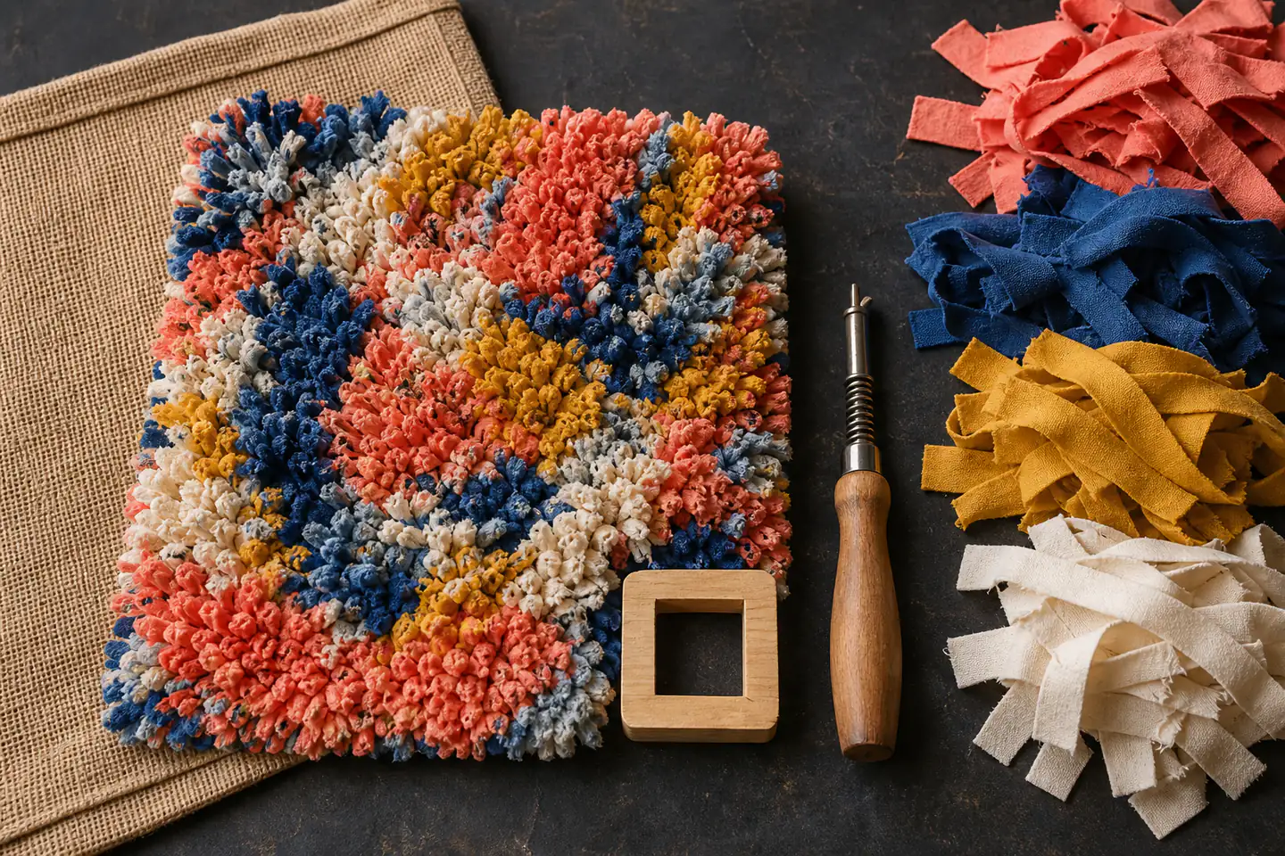 A small colourful shaggy rag-rug panel in progress with hemmed hessian, fabric strips, a spring tool and cutting gauge