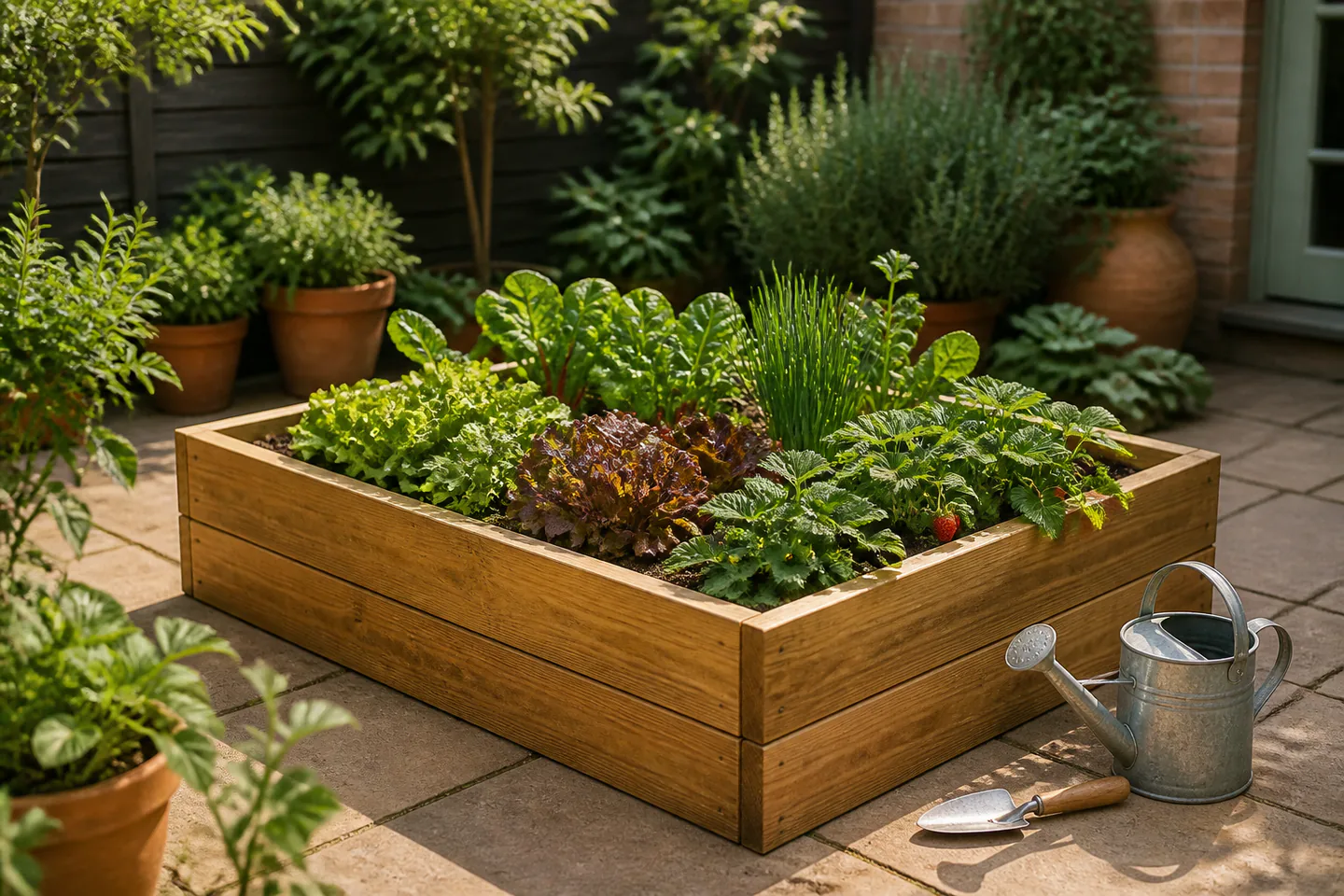 Waist-high timber-look raised garden bed planted with compact herbs and lettuces beside watering can, trowel and measured soil bags on a patio with no people or text