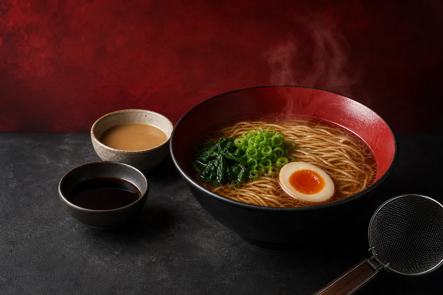 Steaming bowl of shoyu-style ramen with noodles, egg, greens and spring onion beside a small strainer and two plain prep bowls with no text