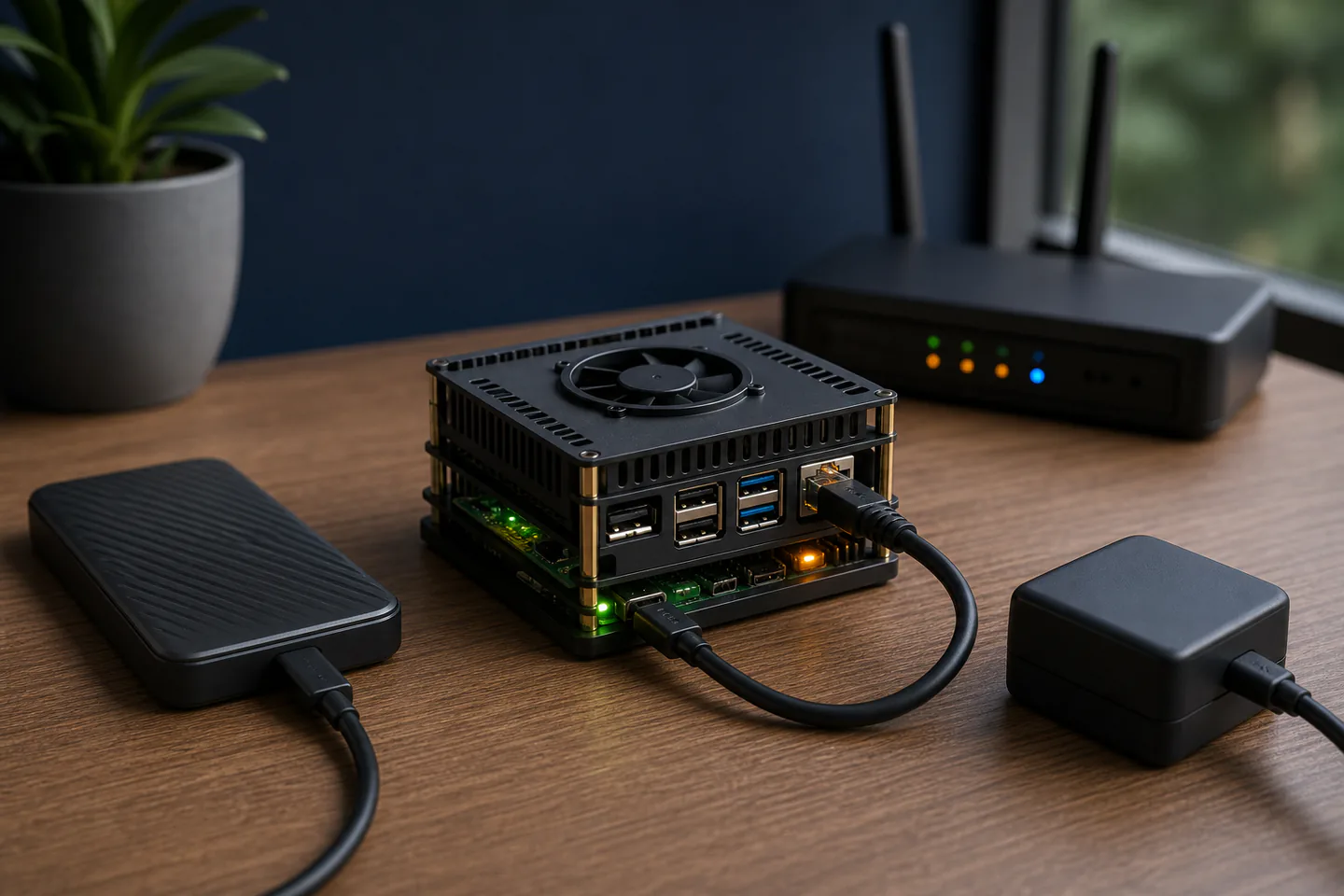Raspberry Pi in a ventilated case beside external drive, network cable, labelled backup drive and laptop showing a generic shared folder