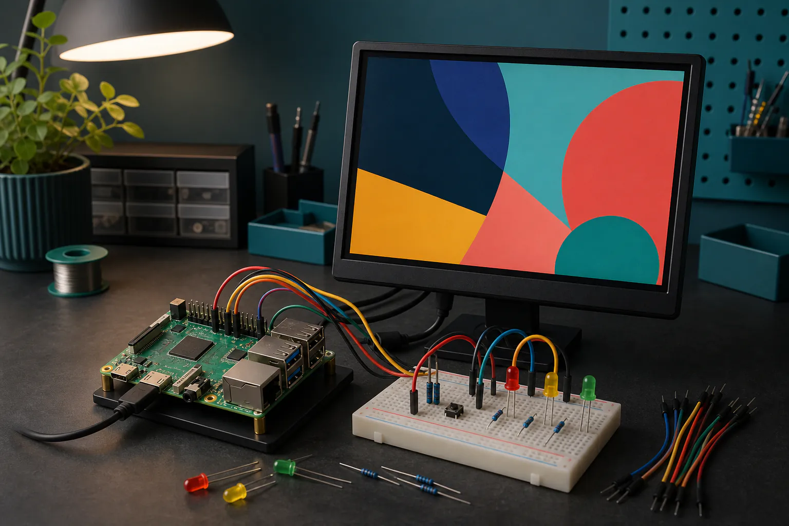 Raspberry Pi computer beside a monitor, breadboard and a few neatly arranged low-voltage components with no visible text