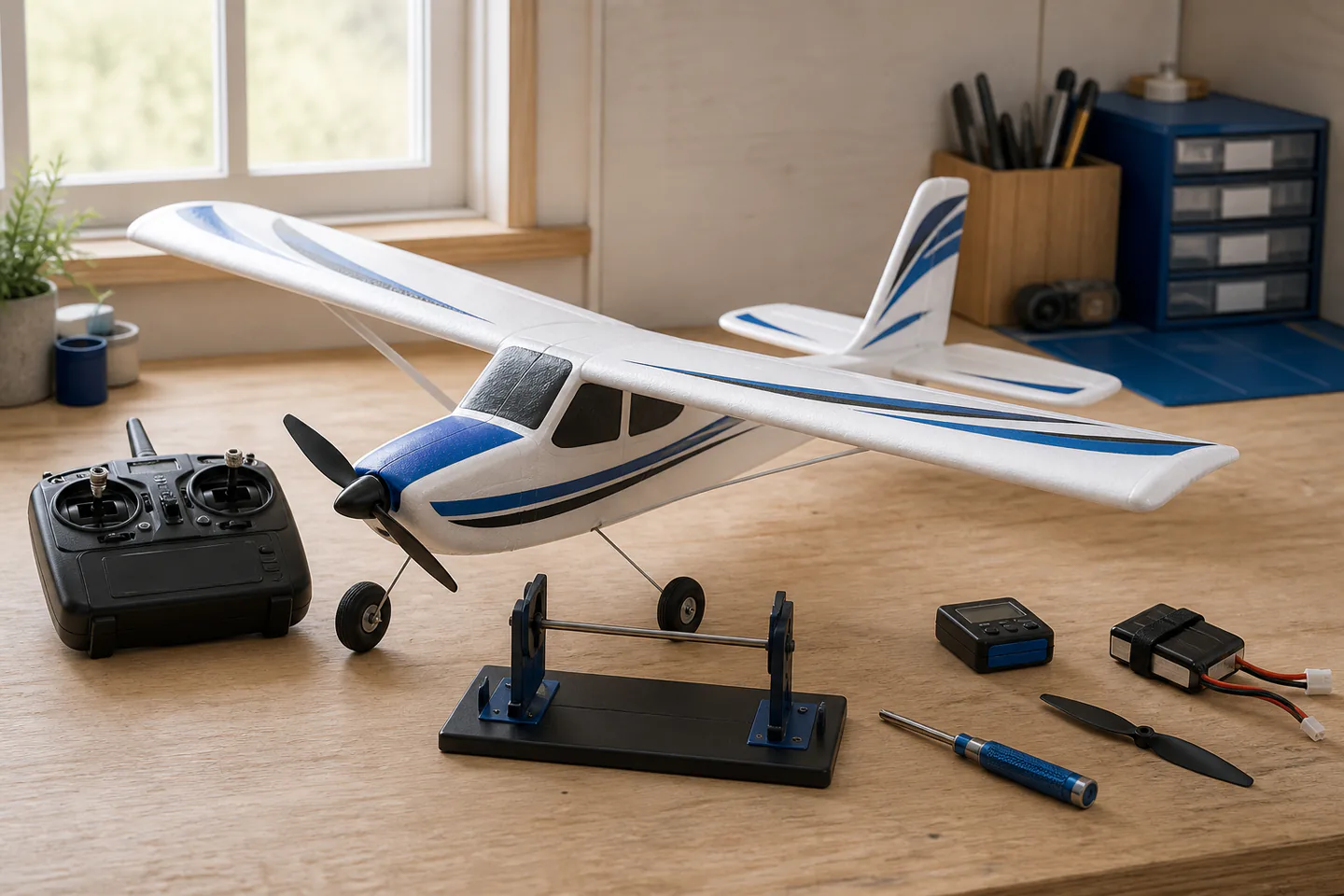 High-wing foam radio-controlled trainer aircraft on a tidy workbench beside transmitter, balance stand and small modelling tools