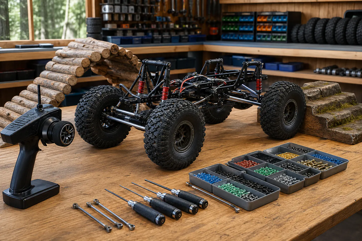 Part-built radio-controlled crawler chassis beside transmitter, hex drivers, tyres and labelled hardware trays on a workshop mat