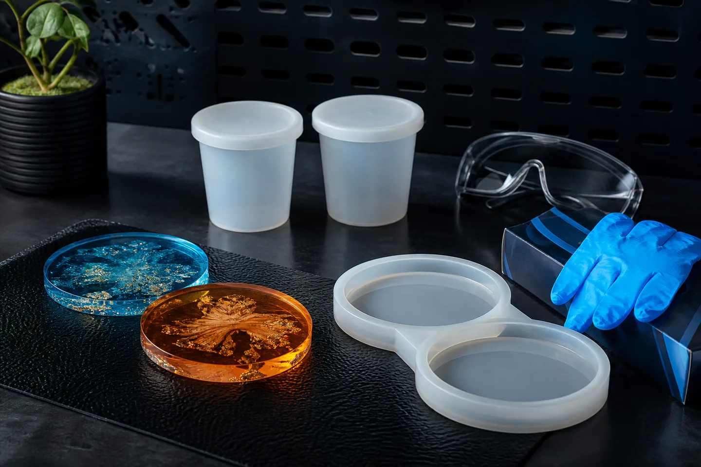 Three small translucent blue and amber resin coasters beside silicone moulds, capped mixing cups and nitrile gloves in a clean ventilated workshop scene with no people, text or logos