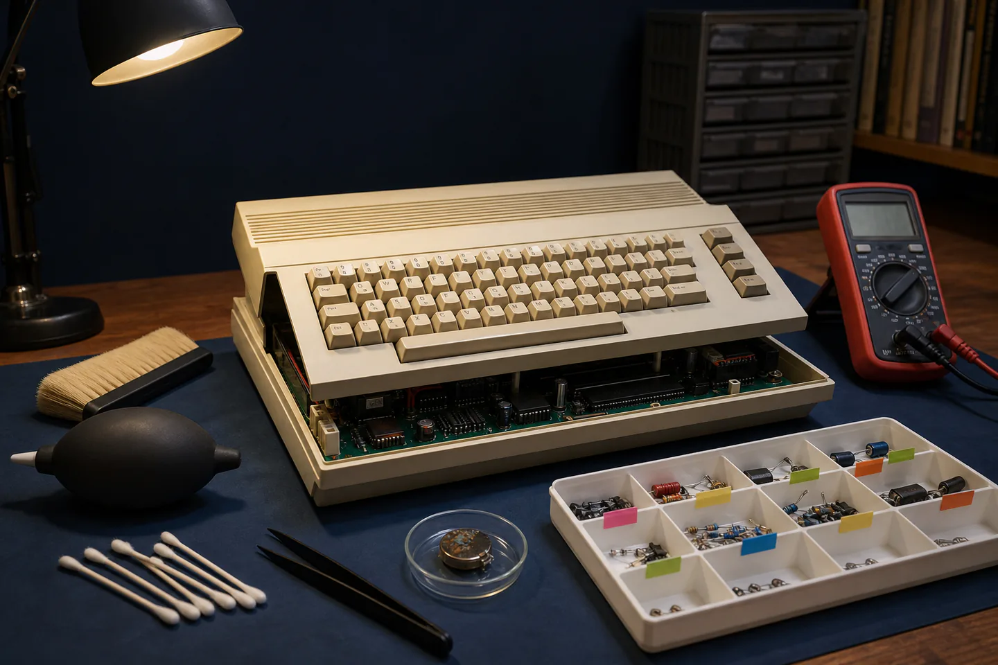 Unpowered beige vintage home computer on anti-static mat beside labels, camera, soft brush, multimeter and bagged screws with CRT absent