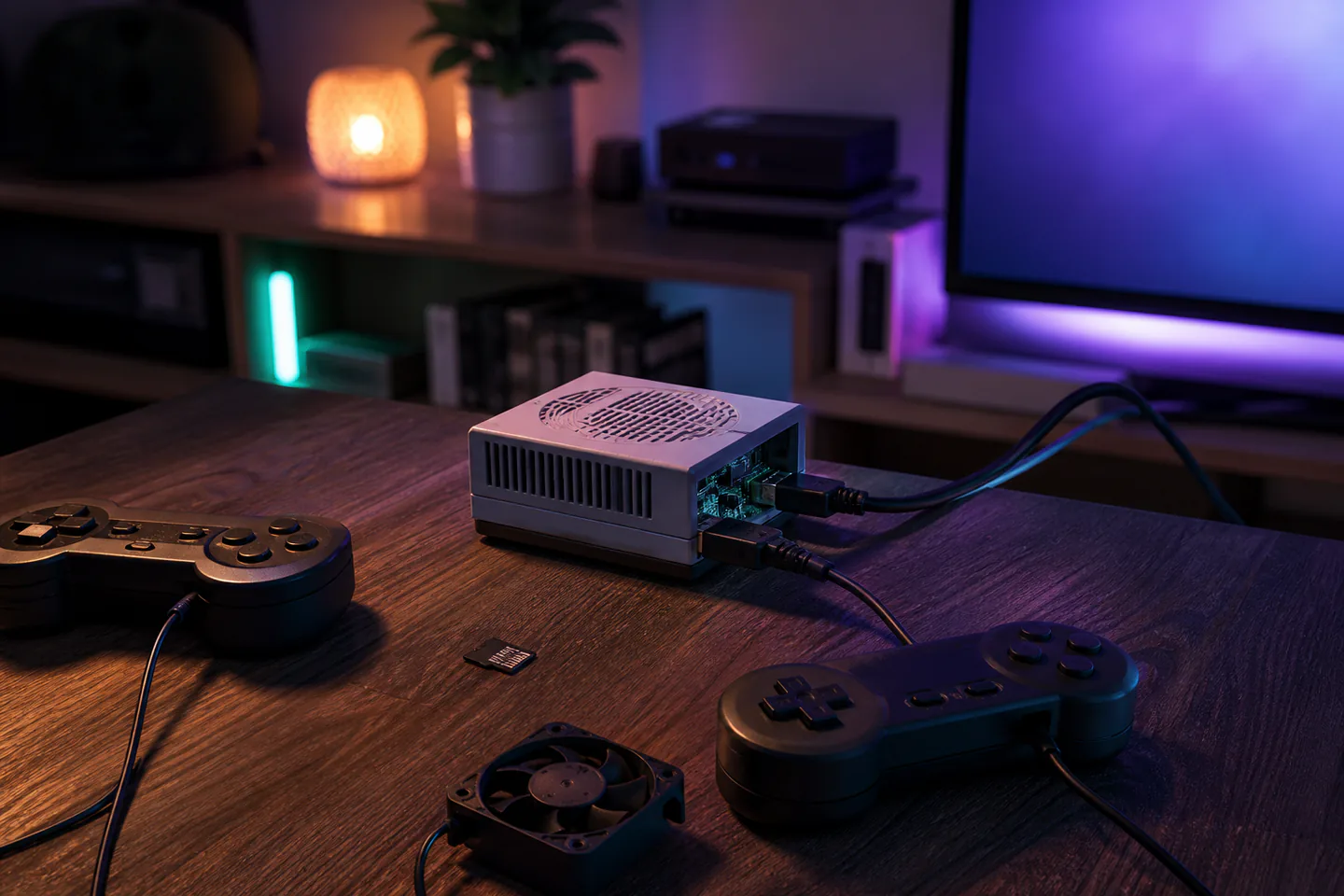 Compact Raspberry Pi console in a ventilated case beside two USB controllers, microSD card and television display cable