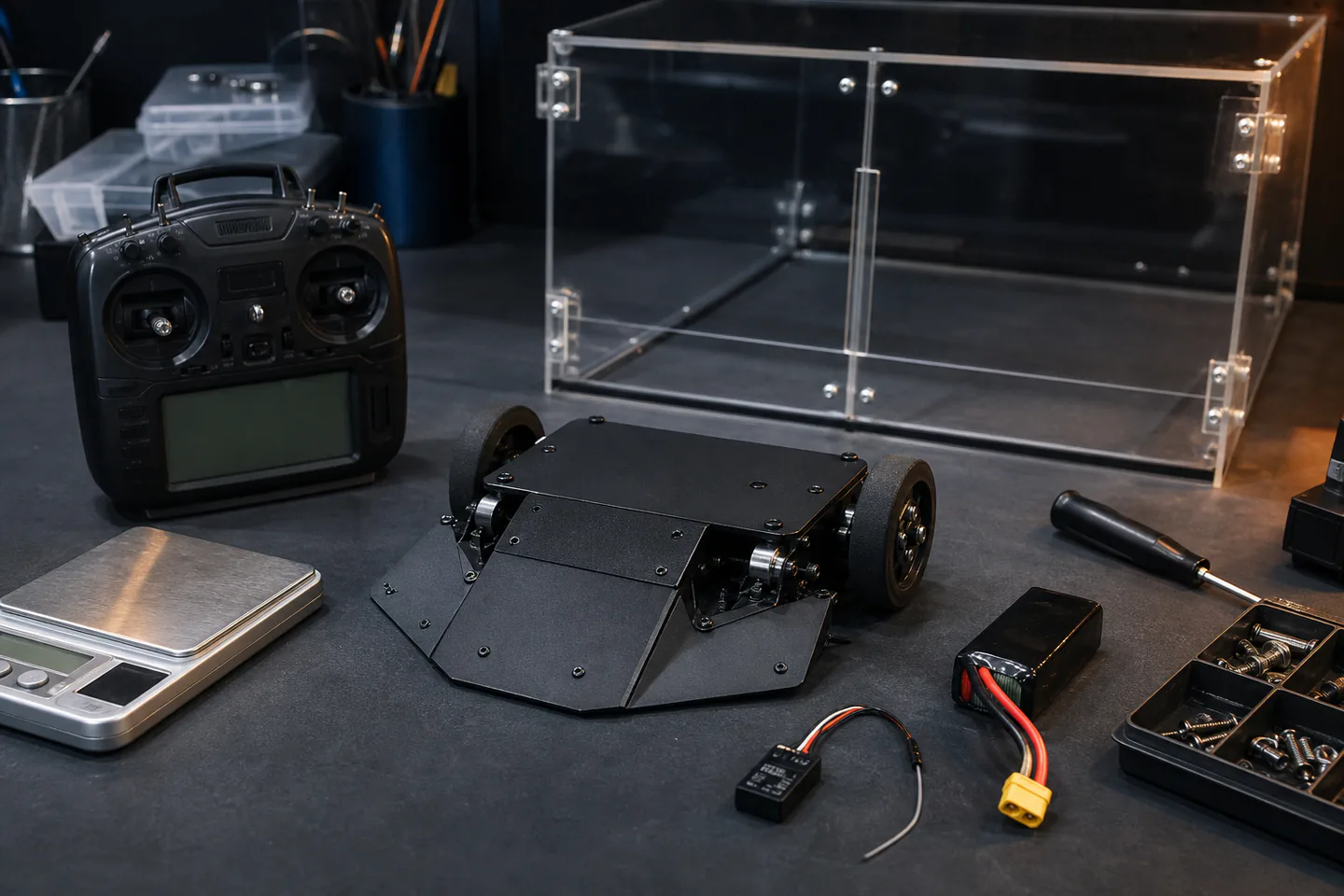 Small wedge-shaped antweight combat robot with exposed safe drive components, radio controller, scale and locking bar outside an empty arena