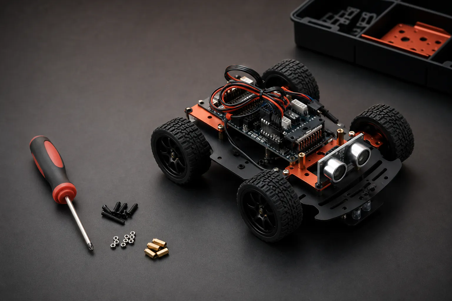 Small wheeled educational robot car on a clear workbench beside sorted fasteners and a screwdriver with no hands or text