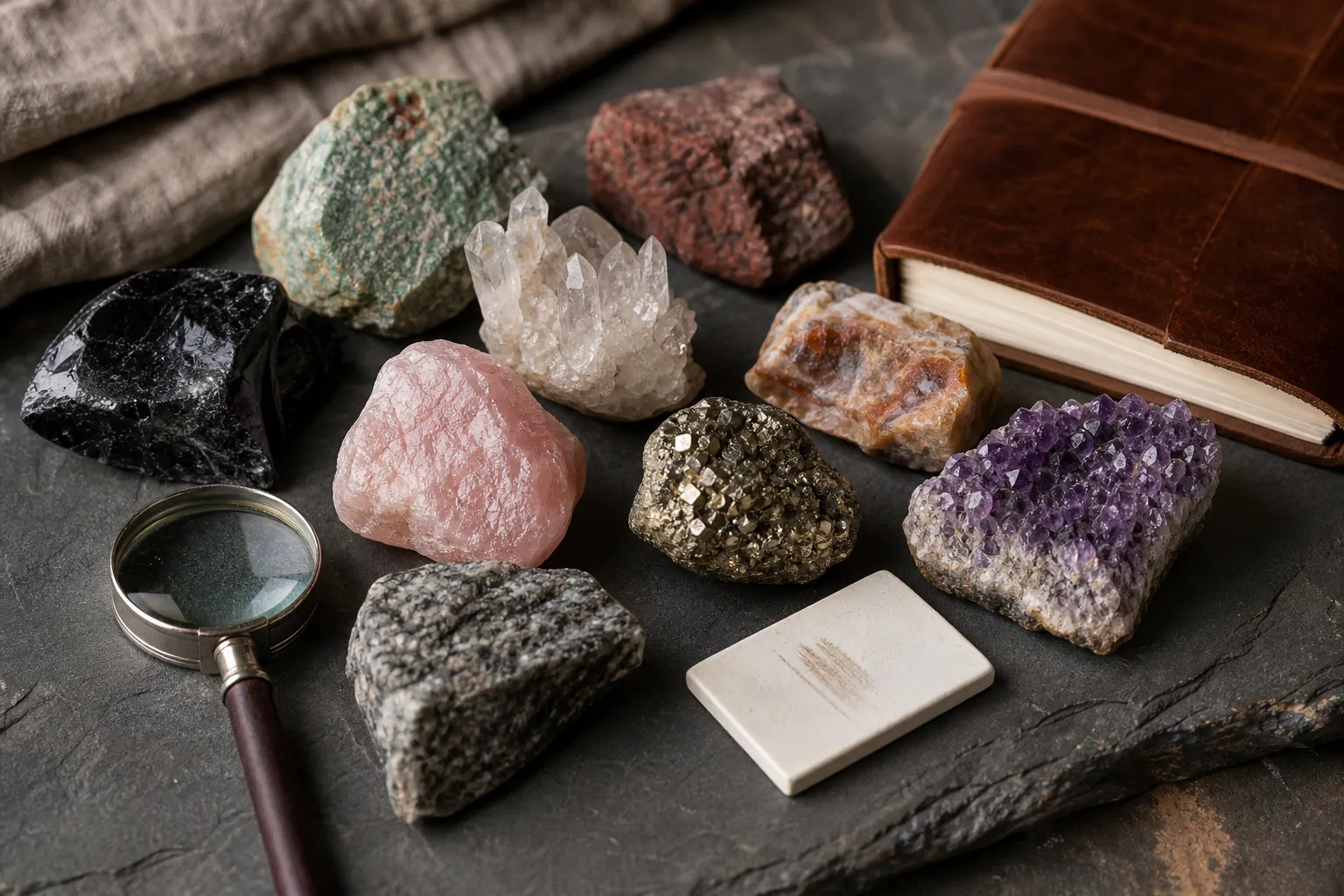 Small labelled rock and mineral specimens beside a folding hand lens, streak tile and field notebook