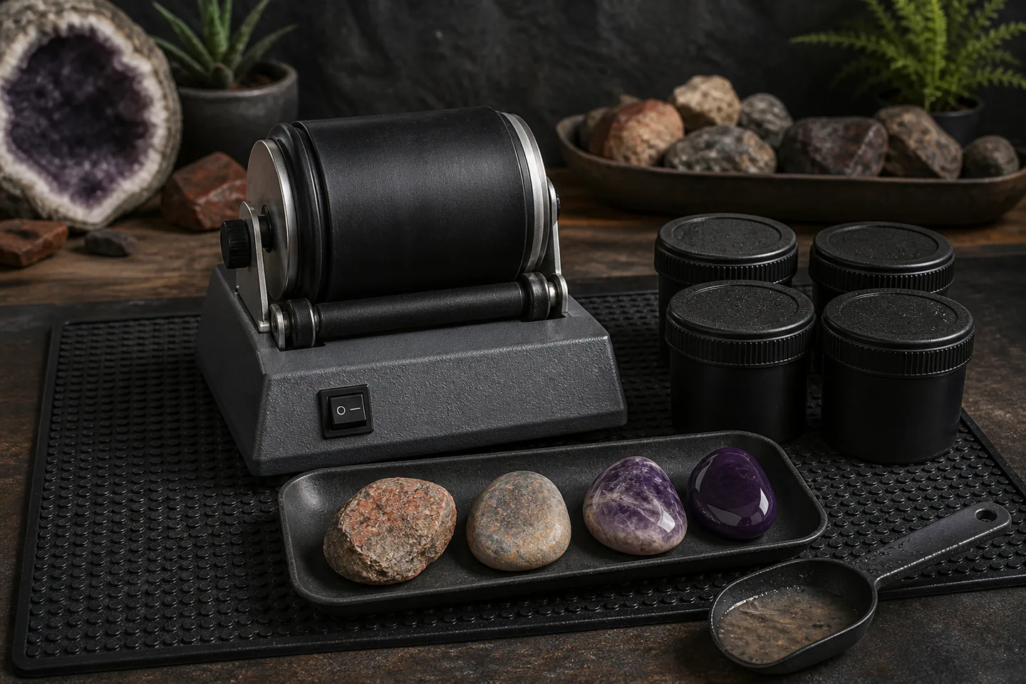 Rotary rock tumbler beside four tidy stages of rounded stones, measured grit and a sealed waste bucket with no hands, labels or text