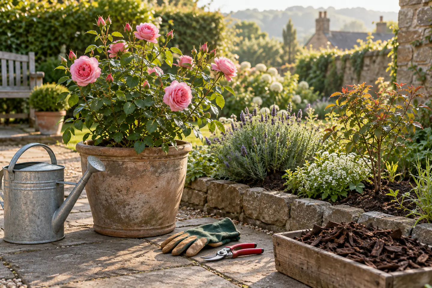 A carefully arranged beginner rose growing workspace showing the core materials, tools and one small finished example
