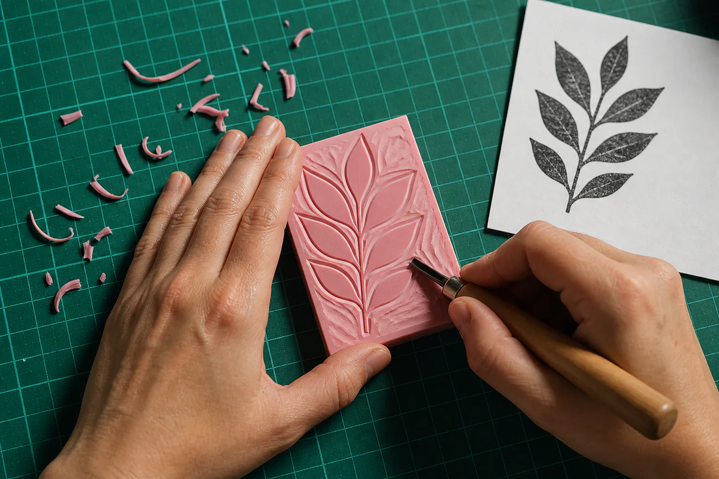 Hands safely carving a bold leaf motif into a pink soft rubber stamp block on a non-slip cutting mat