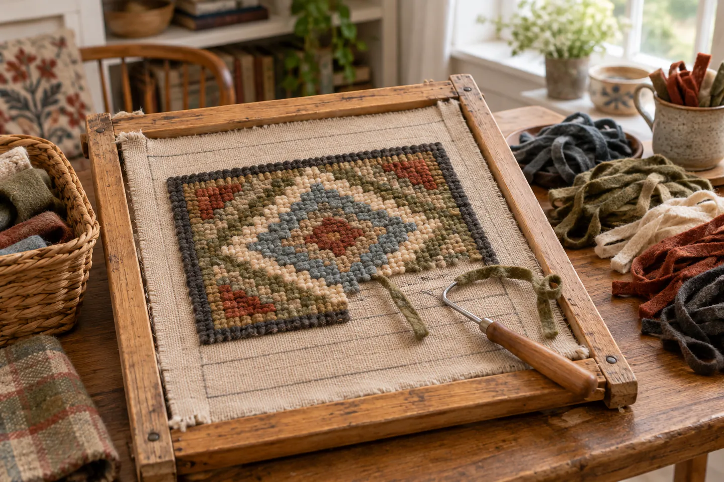 A carefully arranged beginner rug hooking workspace showing the core materials, tools and one small finished example