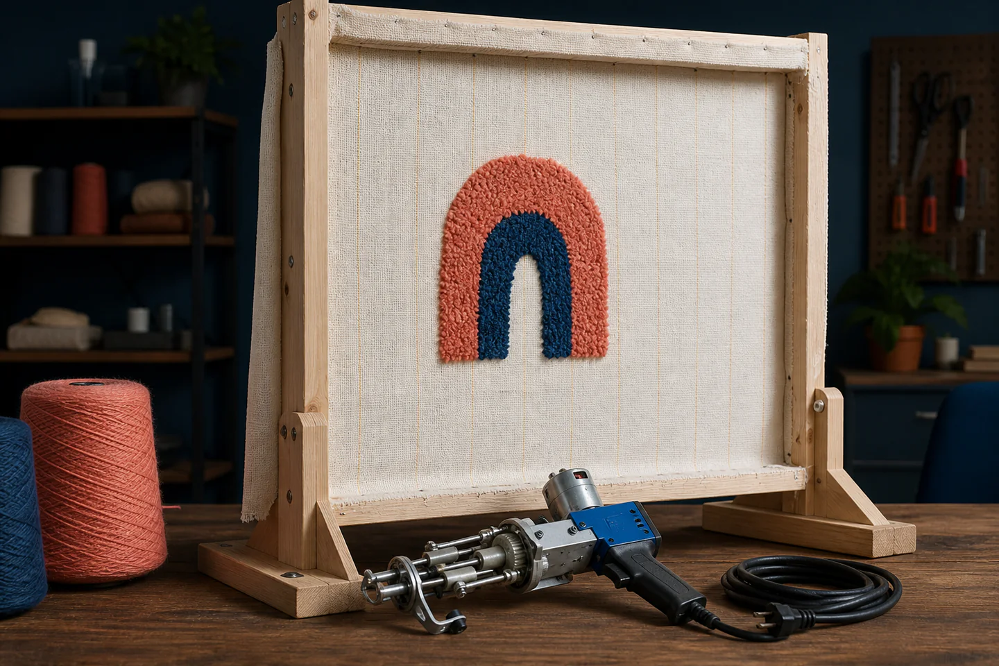 A correctly held electric tufting gun working upward through taut primary tufting cloth in a compact wooden frame with yarn feeding freely behind