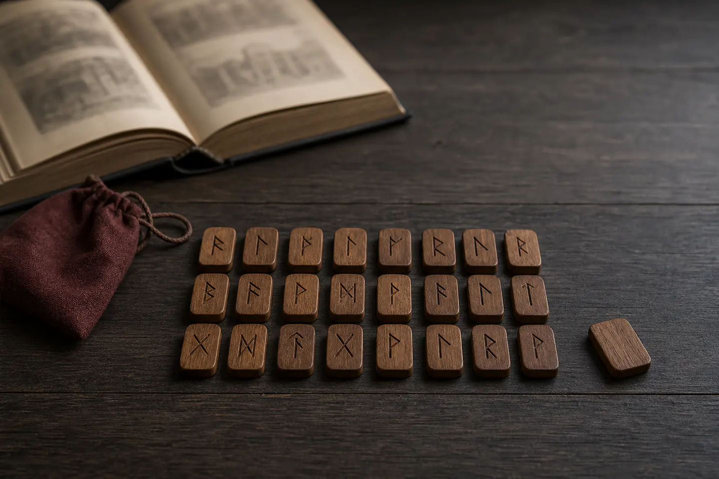 Twenty-four simple wooden rune tiles arranged in three rows beside an out-of-focus scholarly book and linen pouch