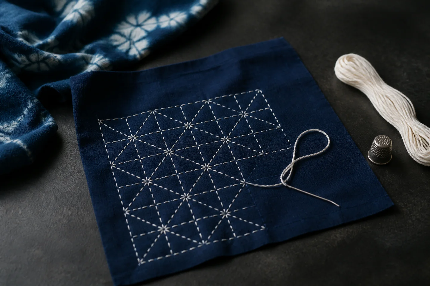 Indigo cotton with a small white sashiko running-stitch pattern beside thread, needle and thimble on a dark table
