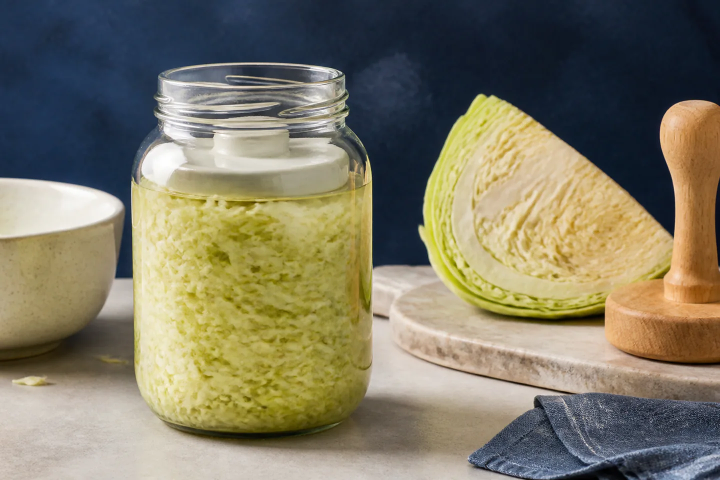 One-litre jar of shredded cabbage beneath brine beside a ceramic fermentation weight and plain bowl