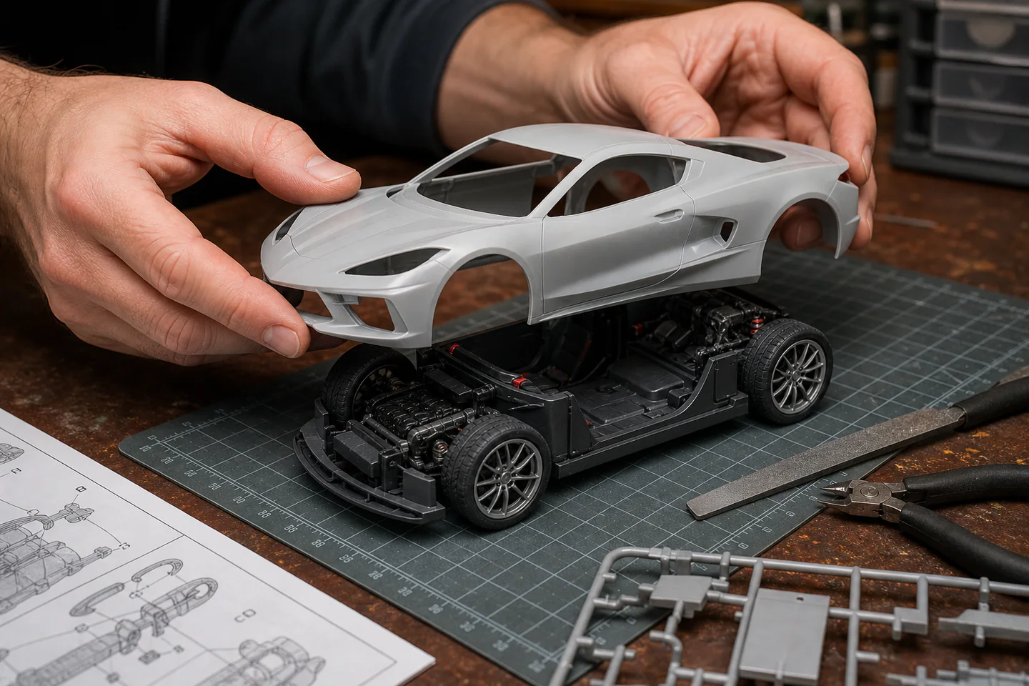Hands dry-fitting the body and chassis of a 1 to 24 scale plastic sports car model at a tidy hobby bench