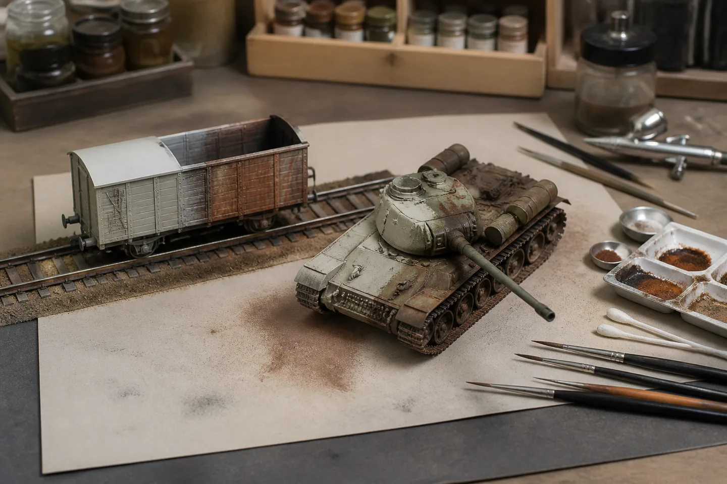 Unbranded scale-model wagon and tank with controlled washes, dry-brushed edges, pigments and subtle rust beside fine brushes and palette