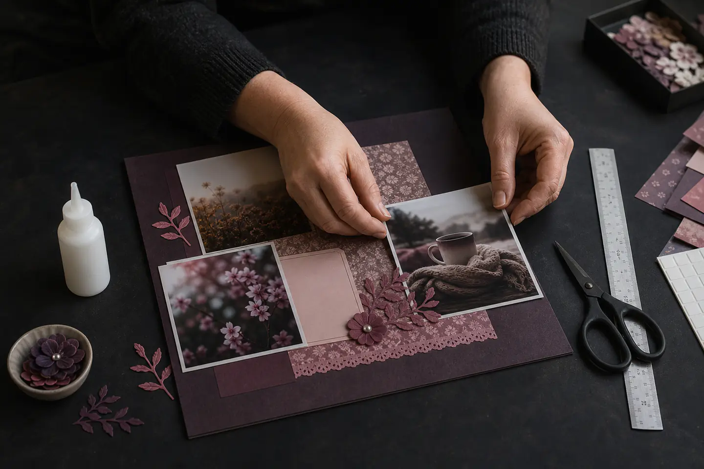 Hands arranging photographs and muted patterned paper on a single scrapbook page beside precision craft glue