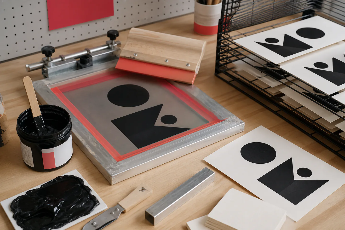 Small screen-printing frame with black ink, squeegee, paper test prints and a simple geometric stencil on a protected table